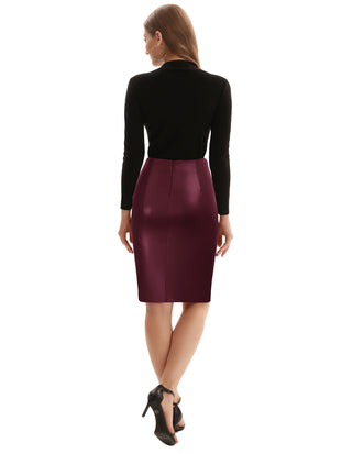PU Leather Pencil Skirt Knee Length Knot-Front Hips-Wrapped Skirt