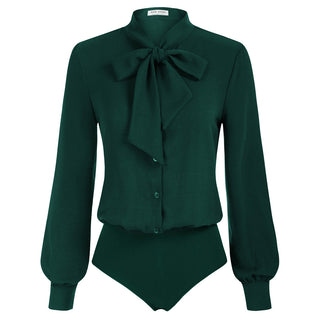 Bow-Knot Decorated Bodysuit Long Sleeve Elastic Waist Shirt