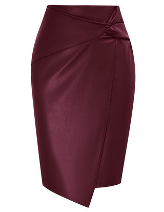 PU Leather Pencil Skirt Knee Length Knot-Front Hips-Wrapped Skirt