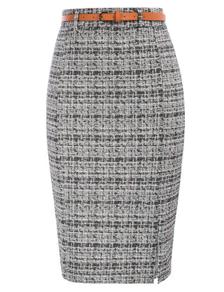 Fashion Tweed Bodycon Skirt with Belt High Waist Knee Length Slit Front