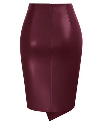 PU Leather Pencil Skirt Knee Length Knot-Front Hips-Wrapped Skirt