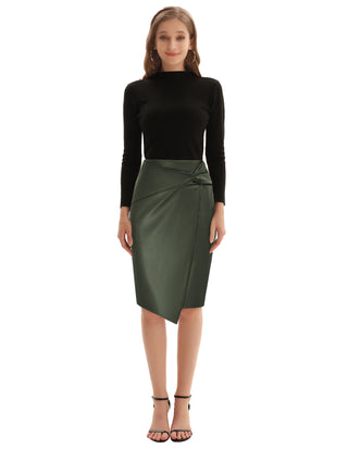 PU Leather Pencil Skirt Knee Length Knot-Front Hips-Wrapped Skirt