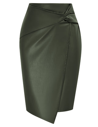 PU Leather Pencil Skirt Knee Length Knot-Front Hips-Wrapped Skirt