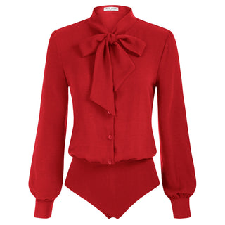 Bow-Knot Decorated Bodysuit Long Sleeve Elastic Waist Shirt
