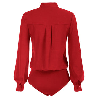 Bow-Knot Decorated Bodysuit Long Sleeve Elastic Waist Shirt