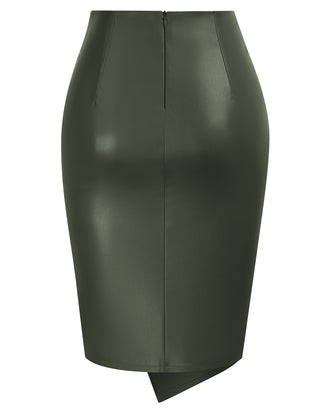 PU Leather Pencil Skirt Knee Length Knot-Front Hips-Wrapped Skirt