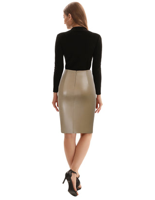 PU Leather Pencil Skirt Knee Length Knot-Front Hips-Wrapped Skirt