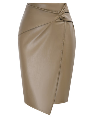 PU Leather Pencil Skirt Knee Length Knot-Front Hips-Wrapped Skirt