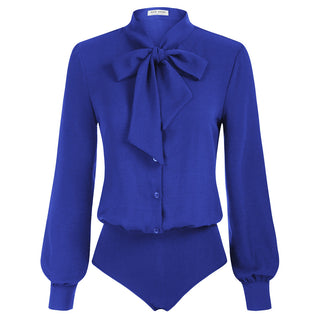Bow-Knot Decorated Bodysuit Long Sleeve Elastic Waist Shirt