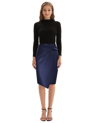 PU Leather Pencil Skirt Knee Length Knot-Front Hips-Wrapped Skirt