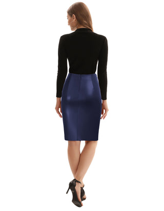 PU Leather Pencil Skirt Knee Length Knot-Front Hips-Wrapped Skirt