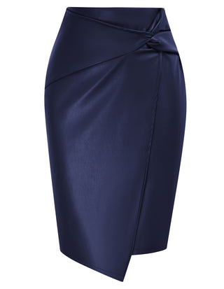 PU Leather Pencil Skirt Knee Length Knot-Front Hips-Wrapped Skirt