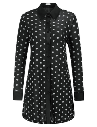 Long Sleeve Lapel Collar See-Through Mesh Fabric Cover-Up Shirt