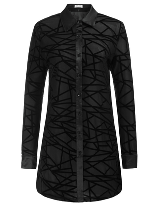 Long Sleeve Lapel Collar See-Through Mesh Fabric Cover-Up Shirt