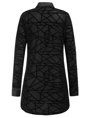 Long Sleeve Lapel Collar See-Through Mesh Fabric Cover-Up Shirt