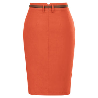 Solid Color Slim Belt Bodycon Pencil SkirtKnee Length Skirt