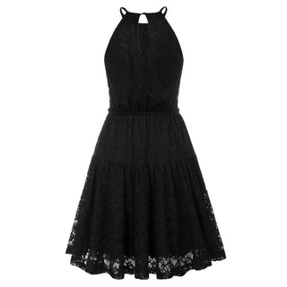 Lace Mini Halterneck Keyhole Back Elastic Waist A-Line Dress