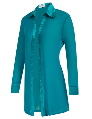 Long Sleeve Lapel Collar See-Through Mesh Fabric Cover-Up Shirt