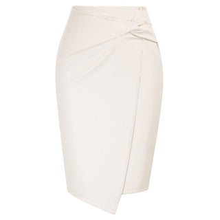 PU Leather Pencil Skirt Knee Length Knot-Front Hips-Wrapped Skirt