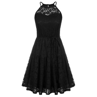 Lace Mini Halterneck Keyhole Back Elastic Waist A-Line Dress