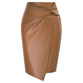PU Leather Pencil Skirt Knee Length Knot-Front Hips-Wrapped Skirt