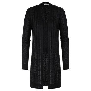 Hollowed-out Cardigan Sweater Long Sleeve Open Front Mid-Thigh Knitwear