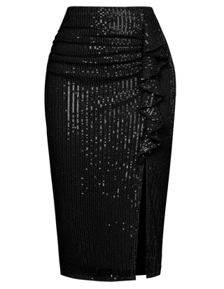 Sequined Party Skirt Elastic Waist Front Slit Mid-Calf Bodycon Skirt