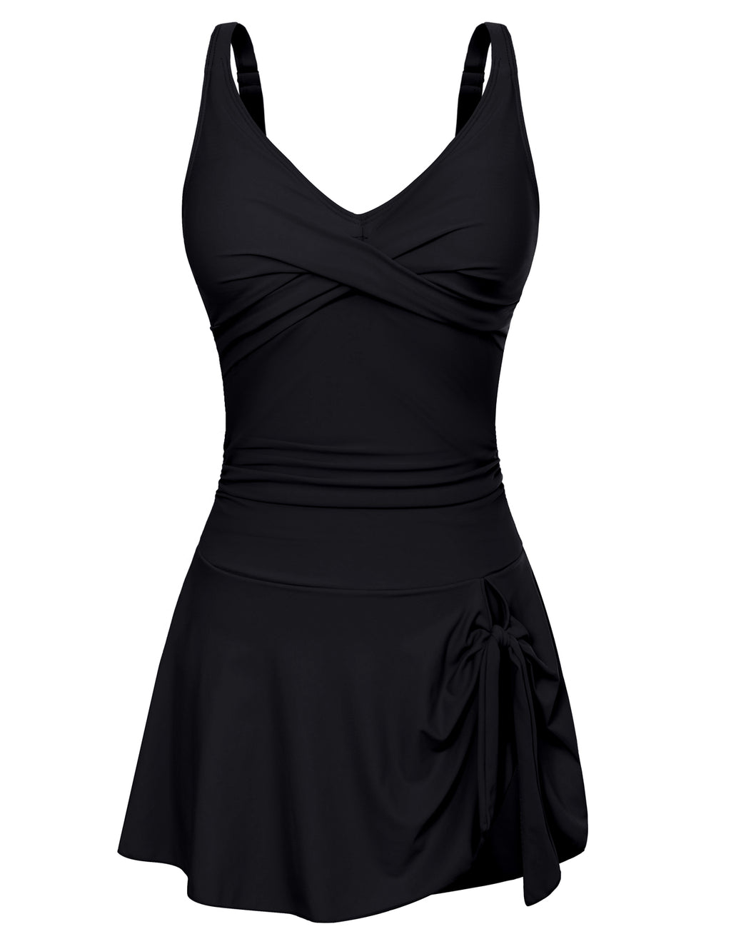 Women V-Neck Swim Dress with Attached Briefs Ruched Padded Swimwear ...