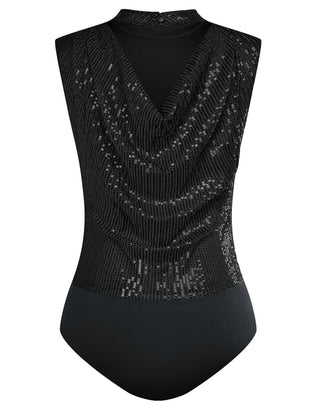 Sequined Party Teddy Sleeveless Stand Collar Cowl Neck Back Bodysuit