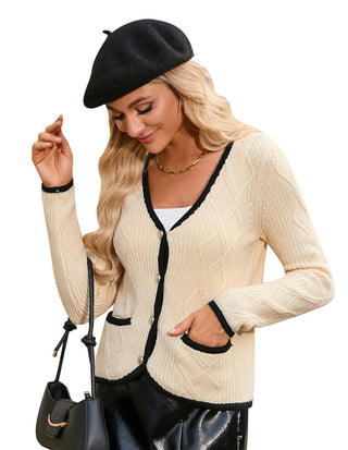 Women Contrast Color Cardigan Long Sleeve V-Neck Button-up Sweater