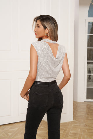 Sequined Party Teddy Sleeveless Stand Collar Cowl Neck Back Bodysuit