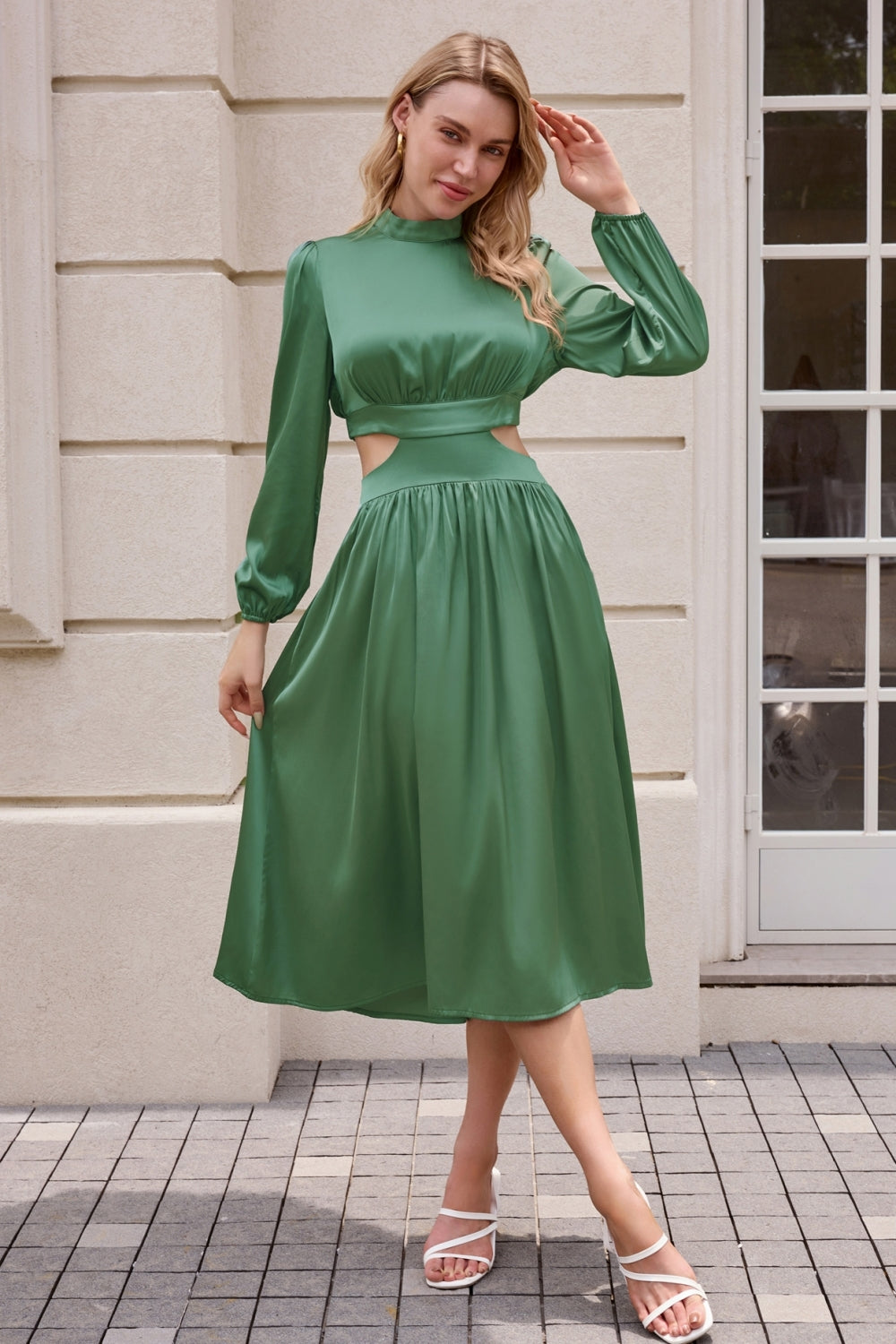 Women Cut-out Waist Dress Long Sleeve Half High-Neck Elastic Waist Dre Kate Kasin Women Cut-out Waist Dress Long Sleeve Half High-Neck Elastic Waist Dre Kate Kasin