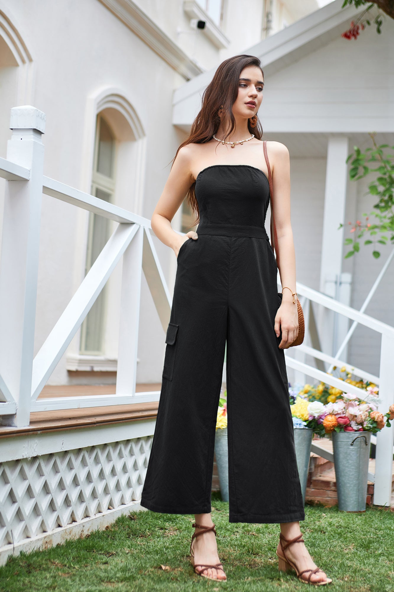 Women Defined Waist Cotton Jumpsuit Strapless Smocked Back