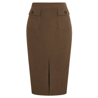 KK Women Corduroy Skirt Elastic Waist Front Slit Mid-Calf Bodycon Skirt