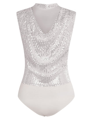 Sequined Party Teddy Sleeveless Stand Collar Cowl Neck Back Bodysuit