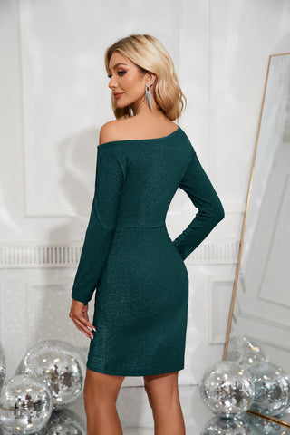 Ruched Party Dress Long Sleeve Oblique Neck Bodycon Dress