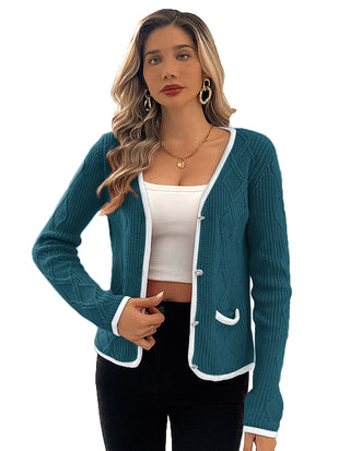 Women Contrast Color Cardigan Long Sleeve V-Neck Button-up Sweater