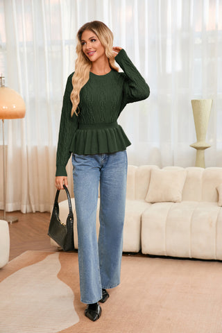 KK Women Peplum Hem Sweater Dropped Shoulder Crew Neck Defined Waist Pullover