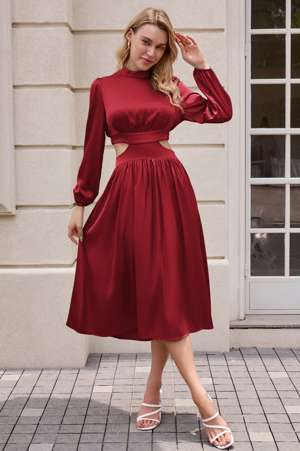 Women Cut-out Waist Dress Long Sleeve Half High-Neck Elastic Waist Dre Kate Kasin Women Cut-out Waist Dress Long Sleeve Half High-Neck Elastic Waist Dre Kate Kasin