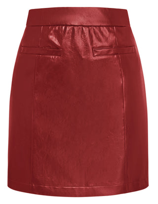 KK Women PU Leather Skirt Casual Elastic Waist Mid-Thigh Length Bodycon Skirt