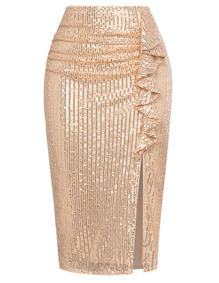 Sequined Party Skirt Elastic Waist Front Slit Mid-Calf Bodycon Skirt