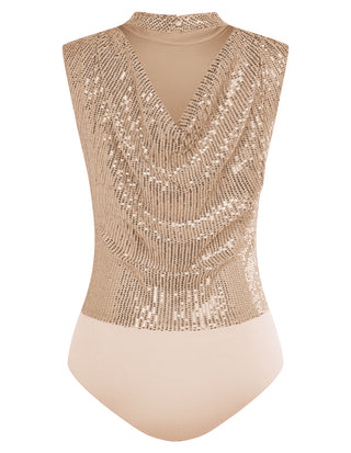 Sequined Party Teddy Sleeveless Stand Collar Cowl Neck Back Bodysuit