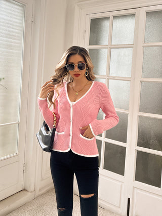 Women Contrast Color Cardigan Long Sleeve V-Neck Button-up Sweater