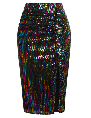 Sequined Party Skirt Elastic Waist Front Slit Mid-Calf Bodycon Skirt