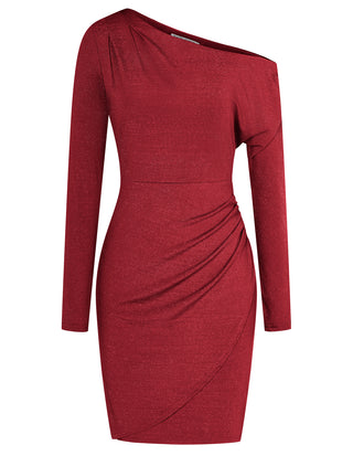 Ruched Party Dress Long Sleeve Oblique Neck Bodycon Dress