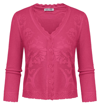 Women Hollowed-out Textured Cardigan 3/4 Sleeve V-Neck Button-up Sweater