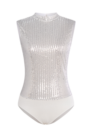 Sequined Party Teddy Sleeveless Stand Collar Cowl Neck Back Bodysuit