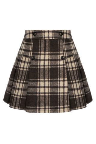 KK Women Pleated Skirt Elastic Waist Mid-Thigh Length Plaided A-Line Skirt