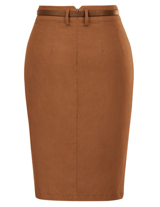 Solid Color Slim Belt Bodycon Pencil SkirtKnee Length Skirt