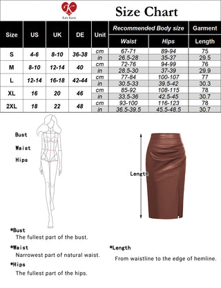 KK Women Front Slit Polyurethane Leather Skirt Elastic Waist Ruched Skirt